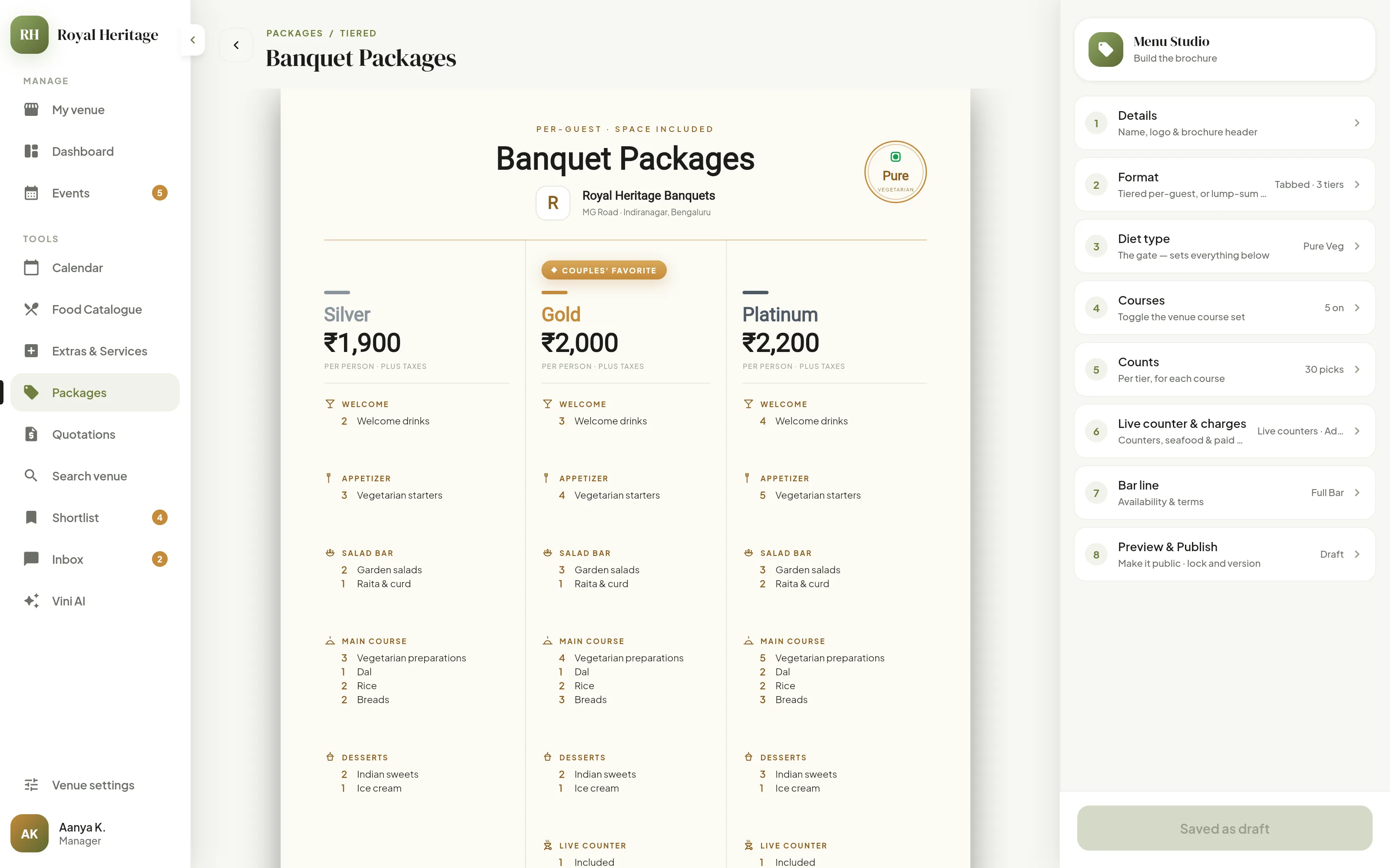 Venuska Menu Studio — a tiered banquet package brochure with a live preview and step-by-step builder